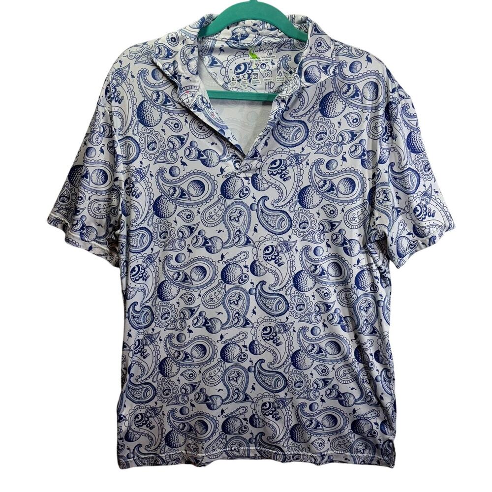 Tailor Byrd Sz Medium Blue Paisley Golf Shirt Polo Pullover Casual Flamingo Top